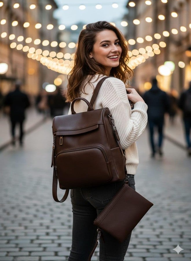 Fabcraft Anti-Theft Backpack & Purse for Women | Multipurpose Travel Bag | Durable Combo Pack | Shoulder Bag for Women and Girls | College Bag for Girls | PU Leather Backpack With Pouch (Dark Brown) - Image 4
